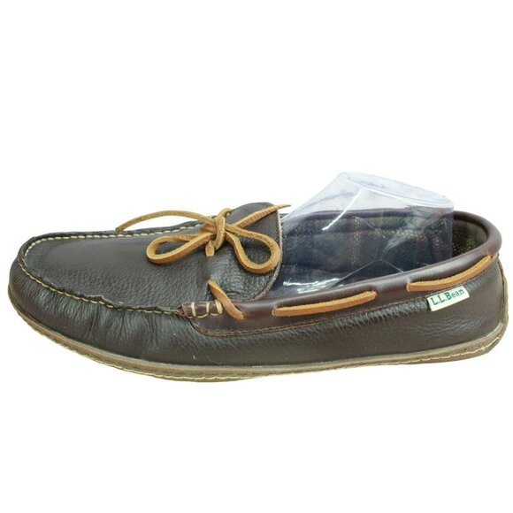 LL Bean Brown Leather Flannel Lined Handsewn Moccasin Slippers Size 13 M - Picture 1 of 9